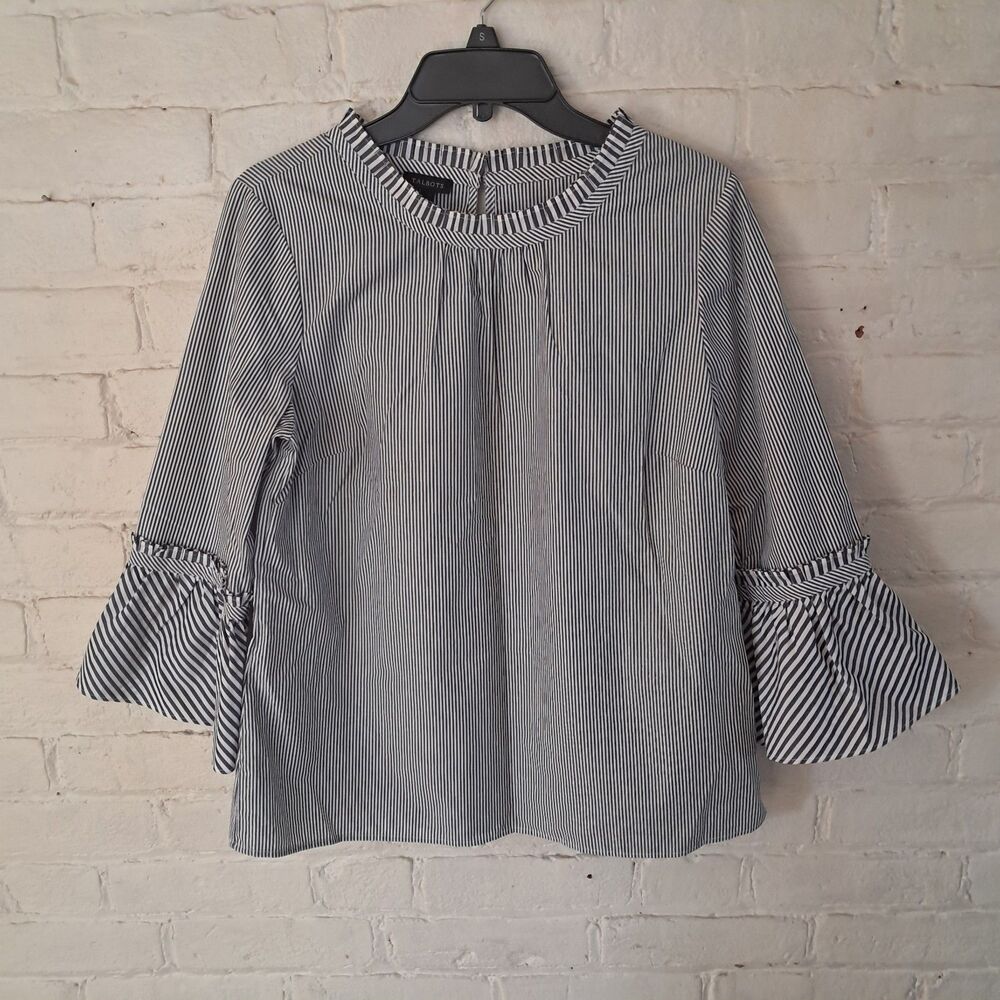 Talbots Women's M Striped Bell Sleeve Ruffle Blouse Shirt Black White Cotton